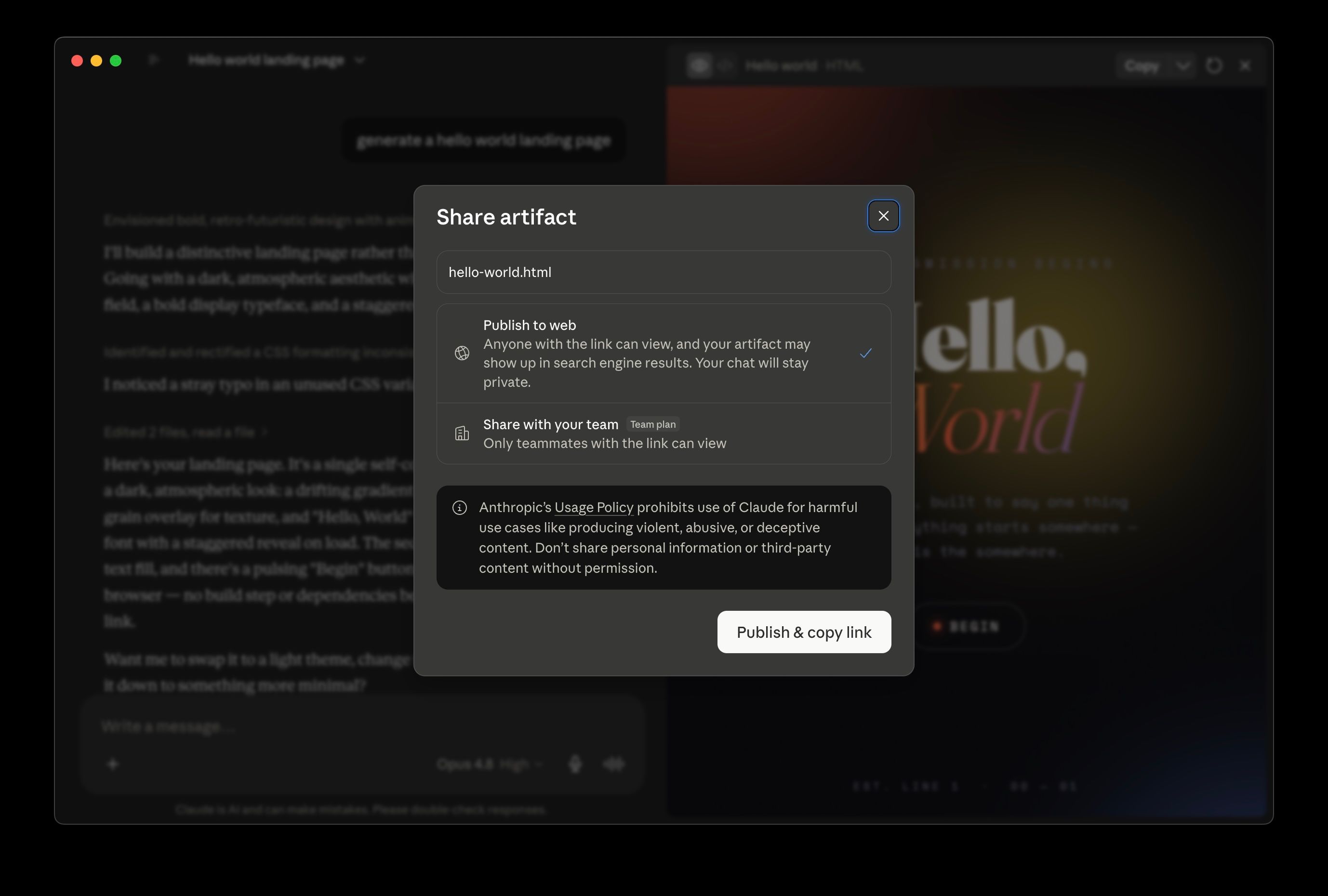 Legacy (before September 16, 2026) Claude Share artifact dialog with Publish to web selected and a Publish and copy link button