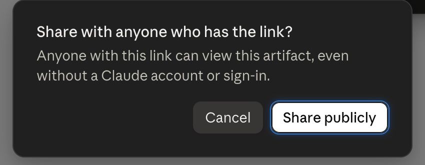 Claude's Share with anyone who has the link dialog with a Share publicly button, October 2026