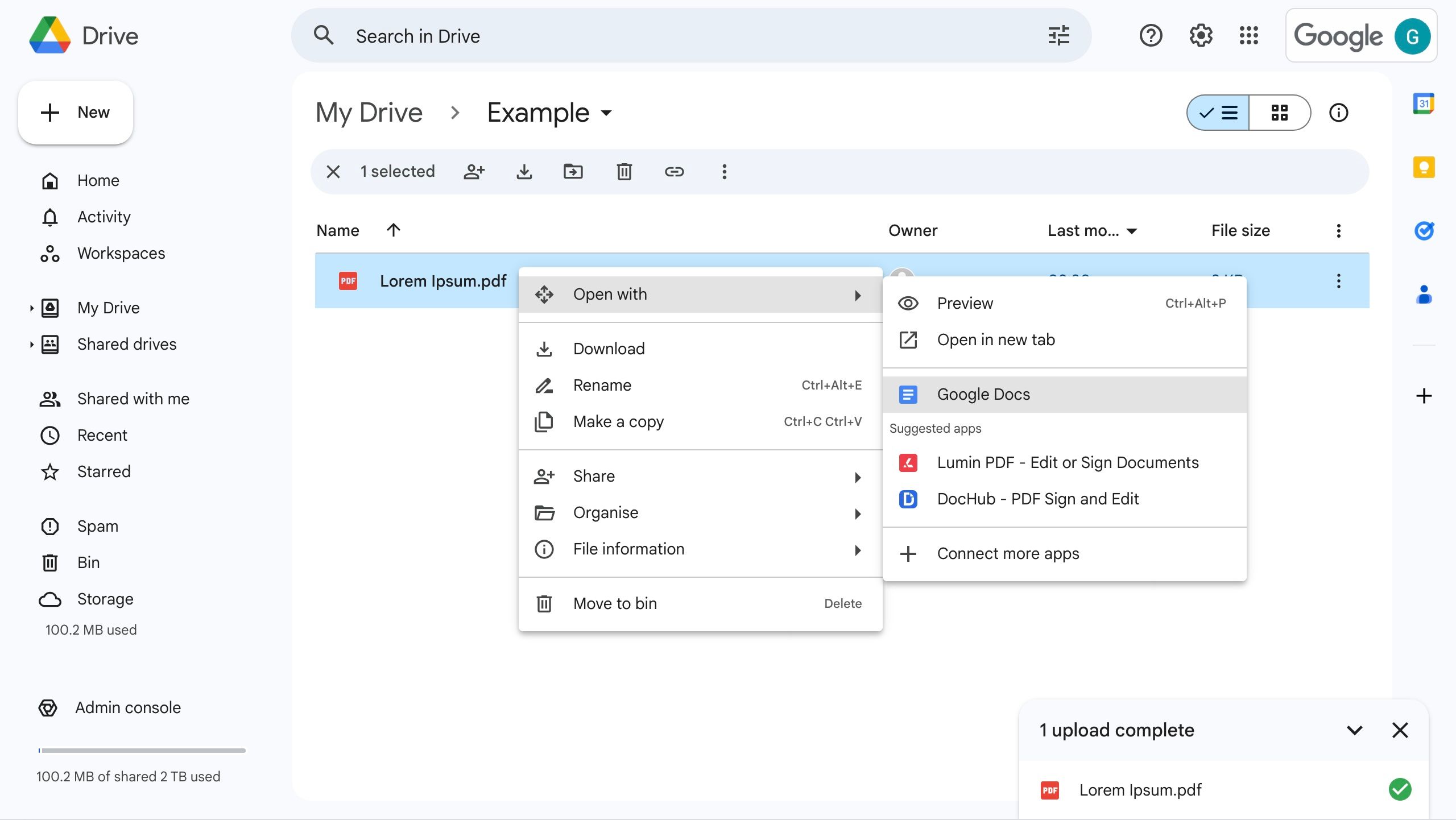Open PDF file with Google Docs